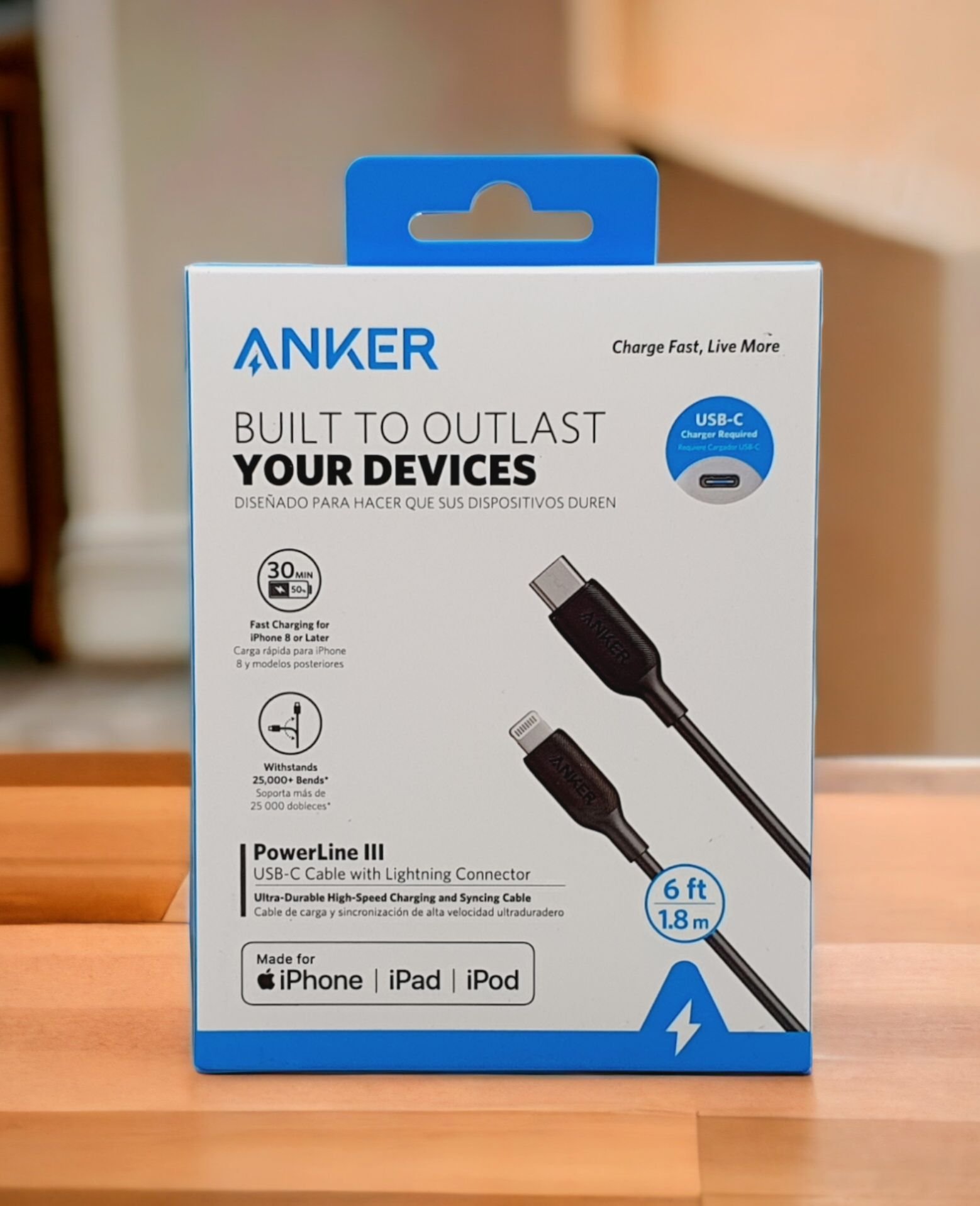 ANKER POWERLINE III USB-C TO LIGHTNING 2.0 CABLE 6FT BLACK/WHITE thumbnail 4