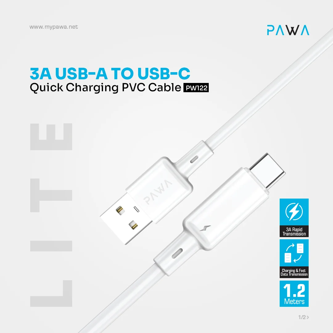 PAWA 3A USB A TO TYPE C QUICK CHARGING PVC CABLE 1.2M PW122 WHITE PW-BDC312AT-WH thumbnail 8