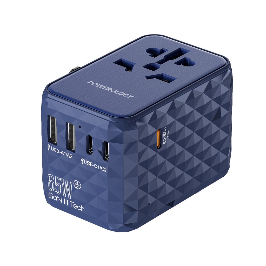 POWEROLOGY UNIVERSAL MULTI PORT GAN TRAVEL ADAPTER 65W BLUE