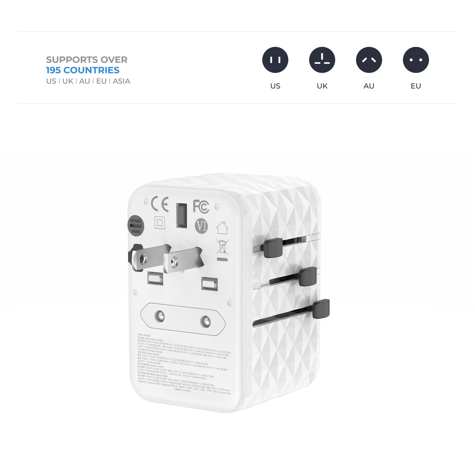 BLUPEBBLE PASSPORT 2.1 WORLD TRAVEL ADAPTER WITH PD 65W + 2 USB-C + 2USB-A thumbnail 26