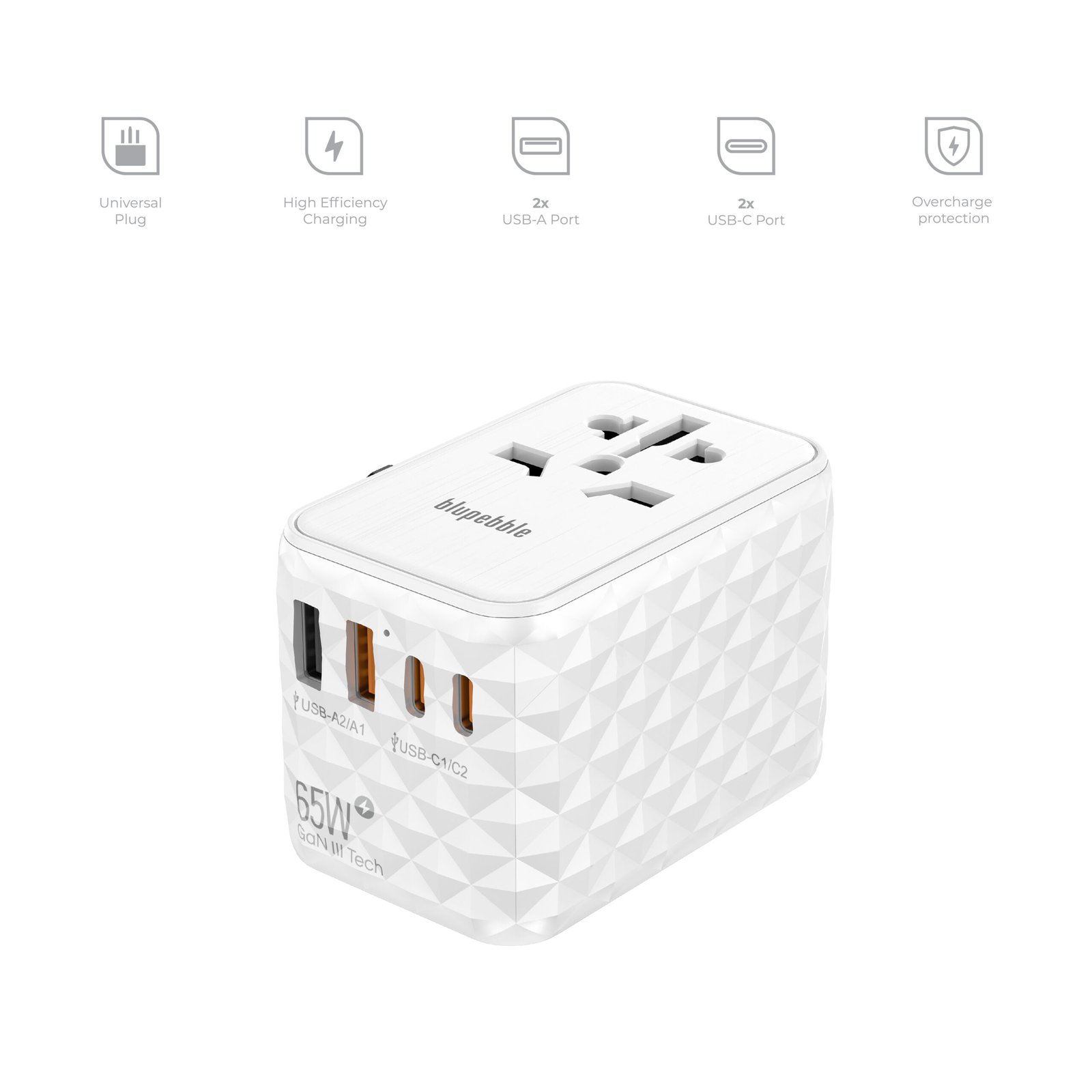 BLUPEBBLE PASSPORT 2.1 WORLD TRAVEL ADAPTER WITH PD 65W + 2 USB-C + 2USB-A thumbnail 8