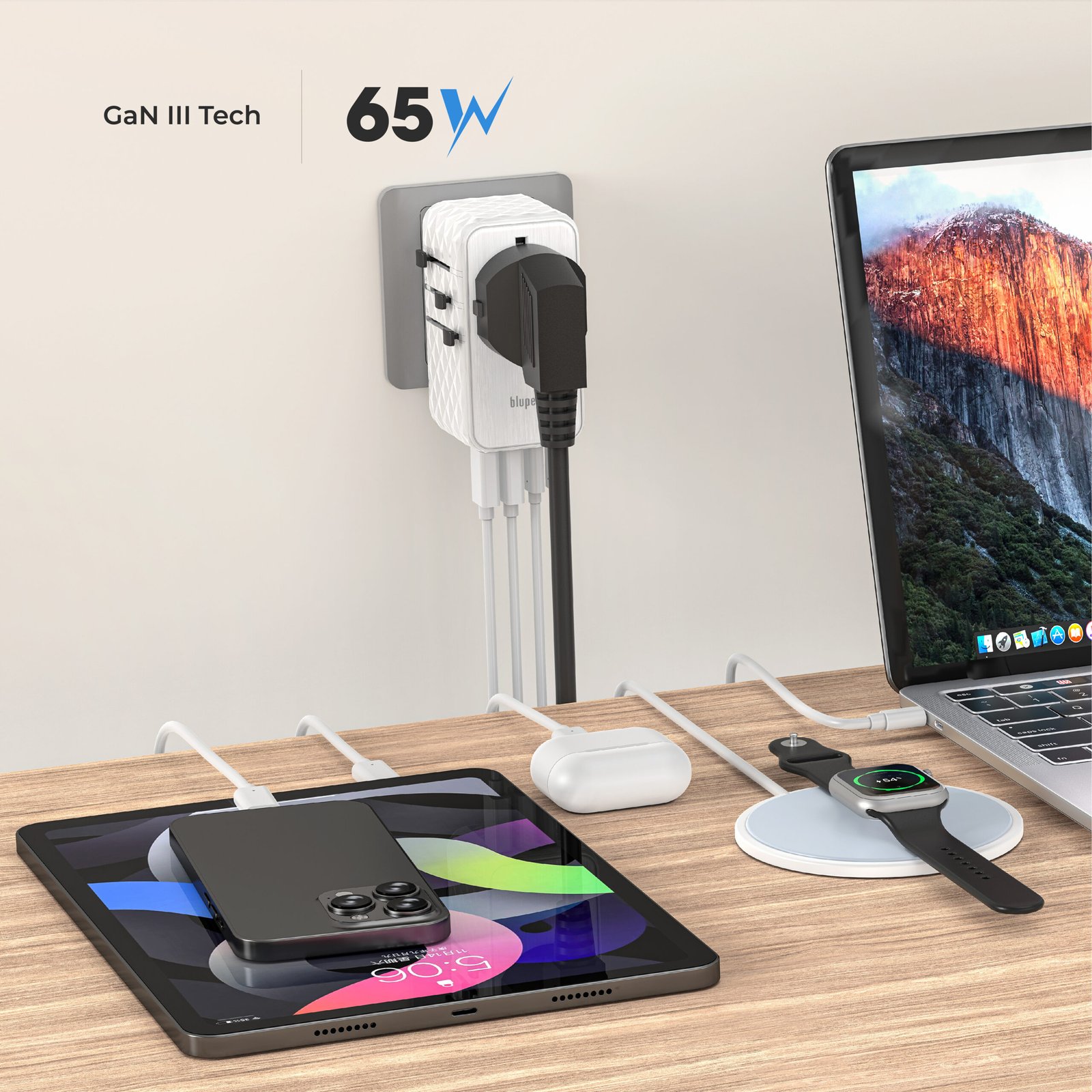 BLUPEBBLE PASSPORT 2.1 WORLD TRAVEL ADAPTER WITH PD 65W + 2 USB-C + 2USB-A thumbnail 9