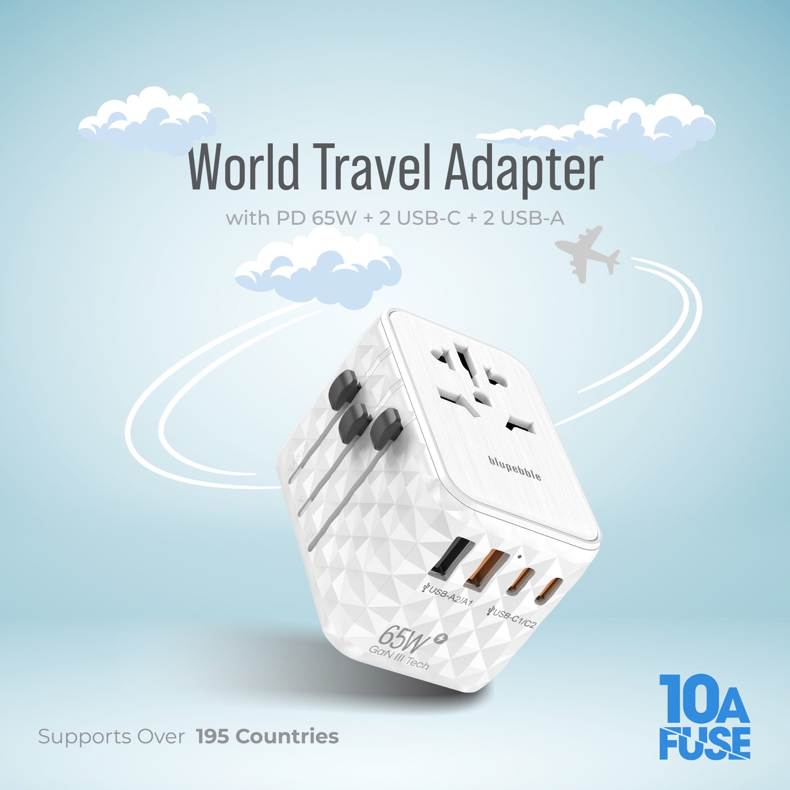 BLUPEBBLE PASSPORT 2.1 WORLD TRAVEL ADAPTER WITH PD 65W + 2 USB-C + 2USB-A thumbnail 22