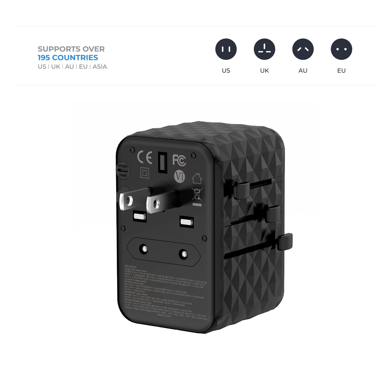 BLUPEBBLE PASSPORT 2.1 WORLD TRAVEL ADAPTER WITH PD 65W + 2 USB-C + 2USB-A thumbnail 19
