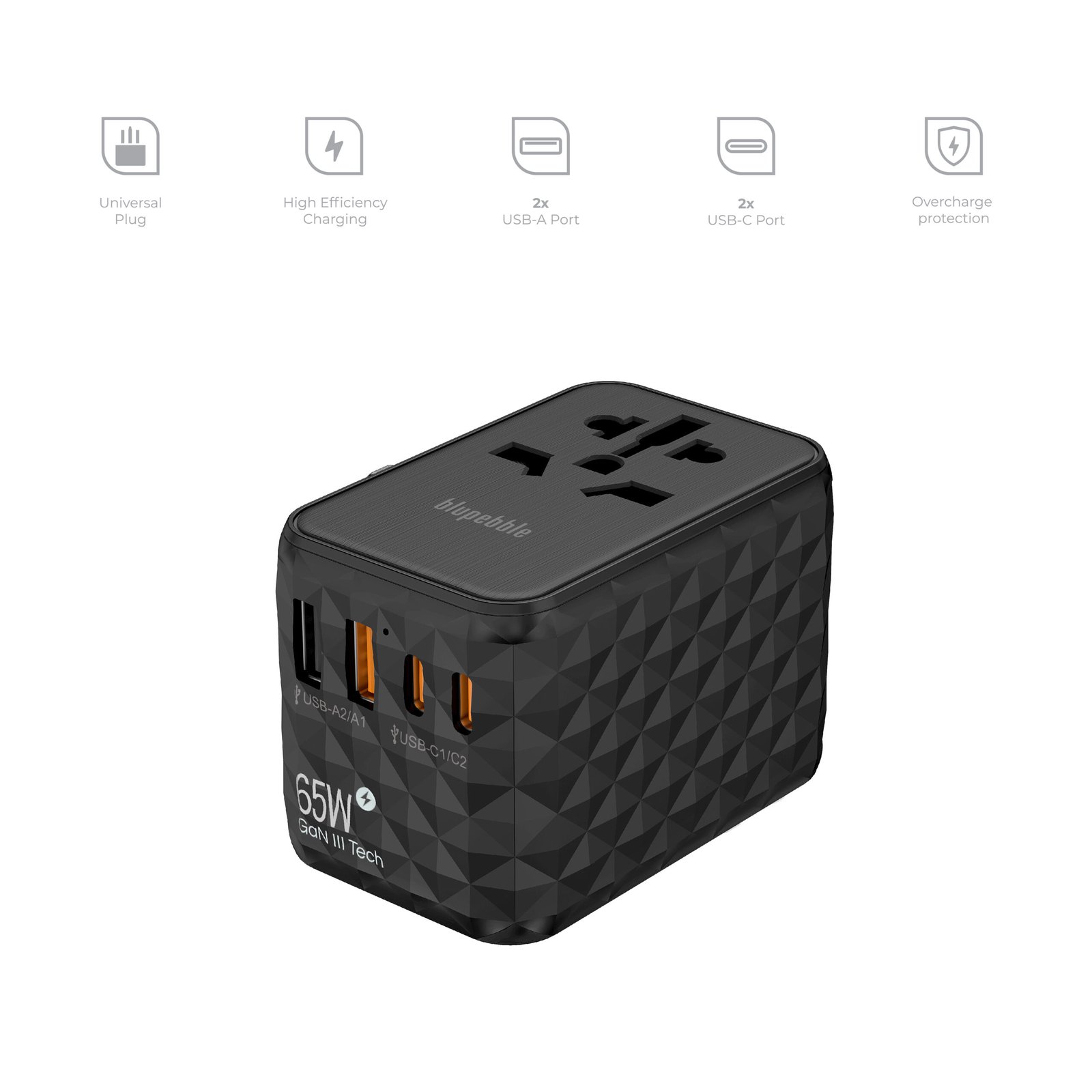 BLUPEBBLE PASSPORT 2.1 WORLD TRAVEL ADAPTER WITH PD 65W + 2 USB-C + 2USB-A thumbnail 14