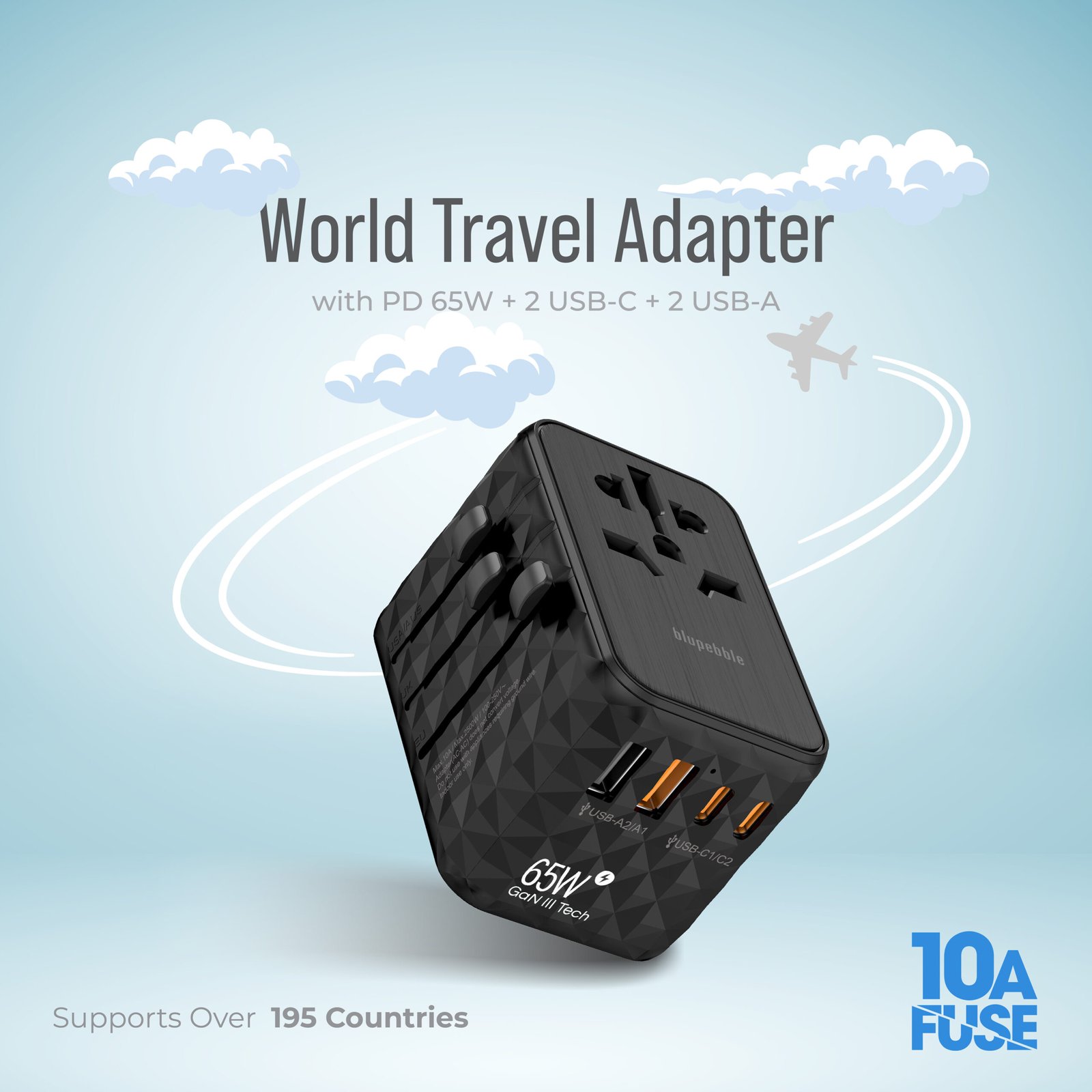 BLUPEBBLE PASSPORT 2.1 WORLD TRAVEL ADAPTER WITH PD 65W + 2 USB-C + 2USB-A thumbnail 13