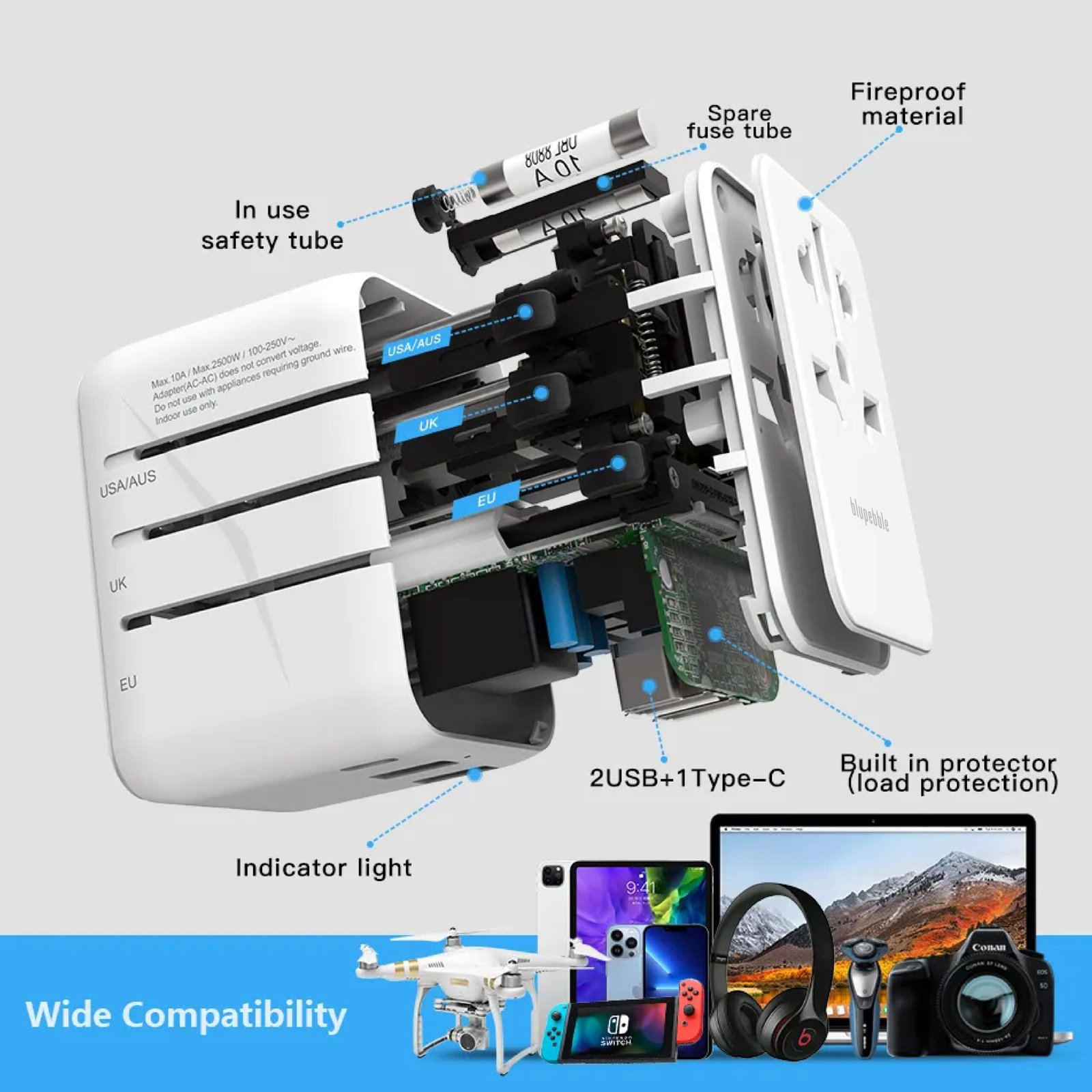 BLUPEBBLE PASSPORT 3.1 WORLD TRAVEL ADAPTER WITH PD 20W + 1 USB-C + 2USB-A thumbnail 17