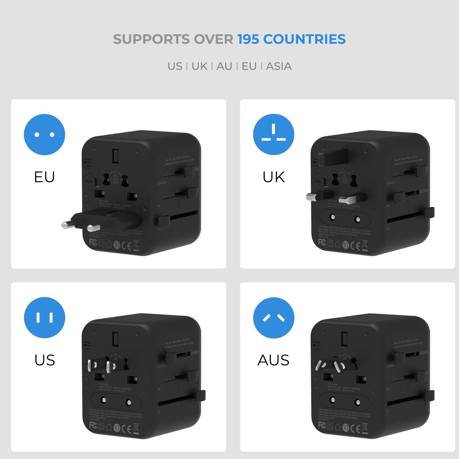 BLUPEBBLE PASSPORT 3.1 WORLD TRAVEL ADAPTER WITH PD 20W + 1 USB-C + 2USB-A thumbnail 23