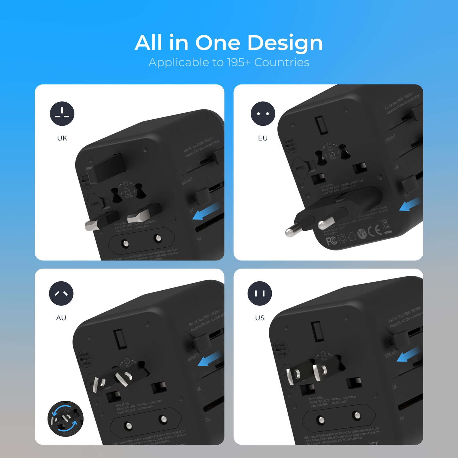 BLUPEBBLE PASSPORT 3.1 WORLD TRAVEL ADAPTER WITH PD 20W + 1 USB-C + 2USB-A thumbnail 24