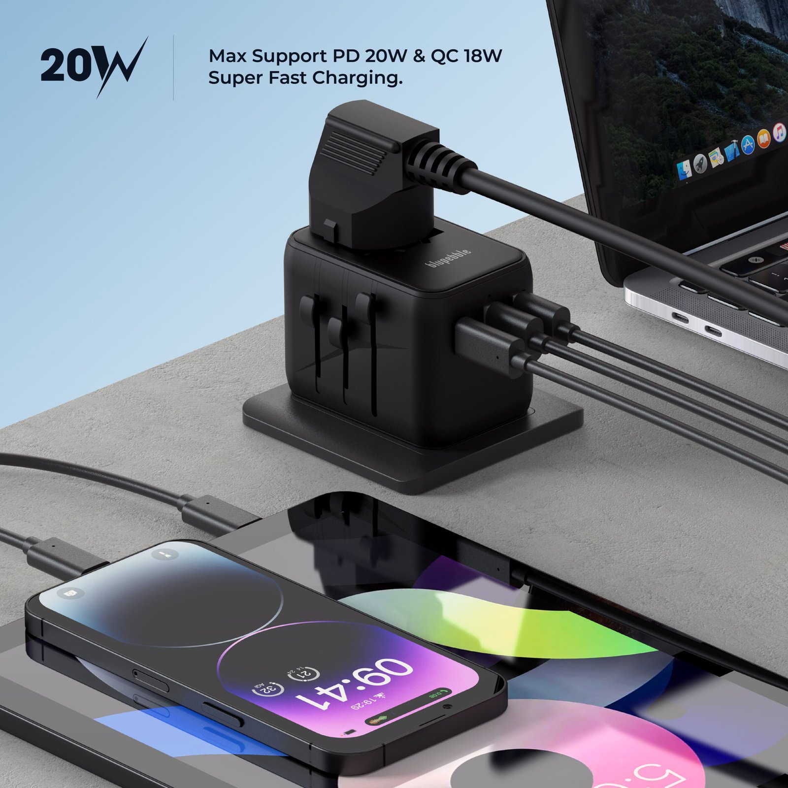 BLUPEBBLE PASSPORT 3.1 WORLD TRAVEL ADAPTER WITH PD 20W + 1 USB-C + 2USB-A thumbnail 20