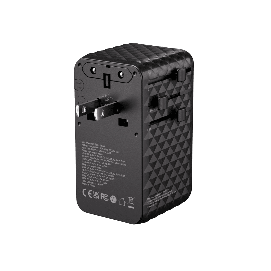 BLUPEBBLE PASSPORT 7 WORLD TRAVEL ADAPTER WITH GAN TECH 140W+2 USB-C+1 USB-A W CABLE BP-TVL007-BK thumbnail 7