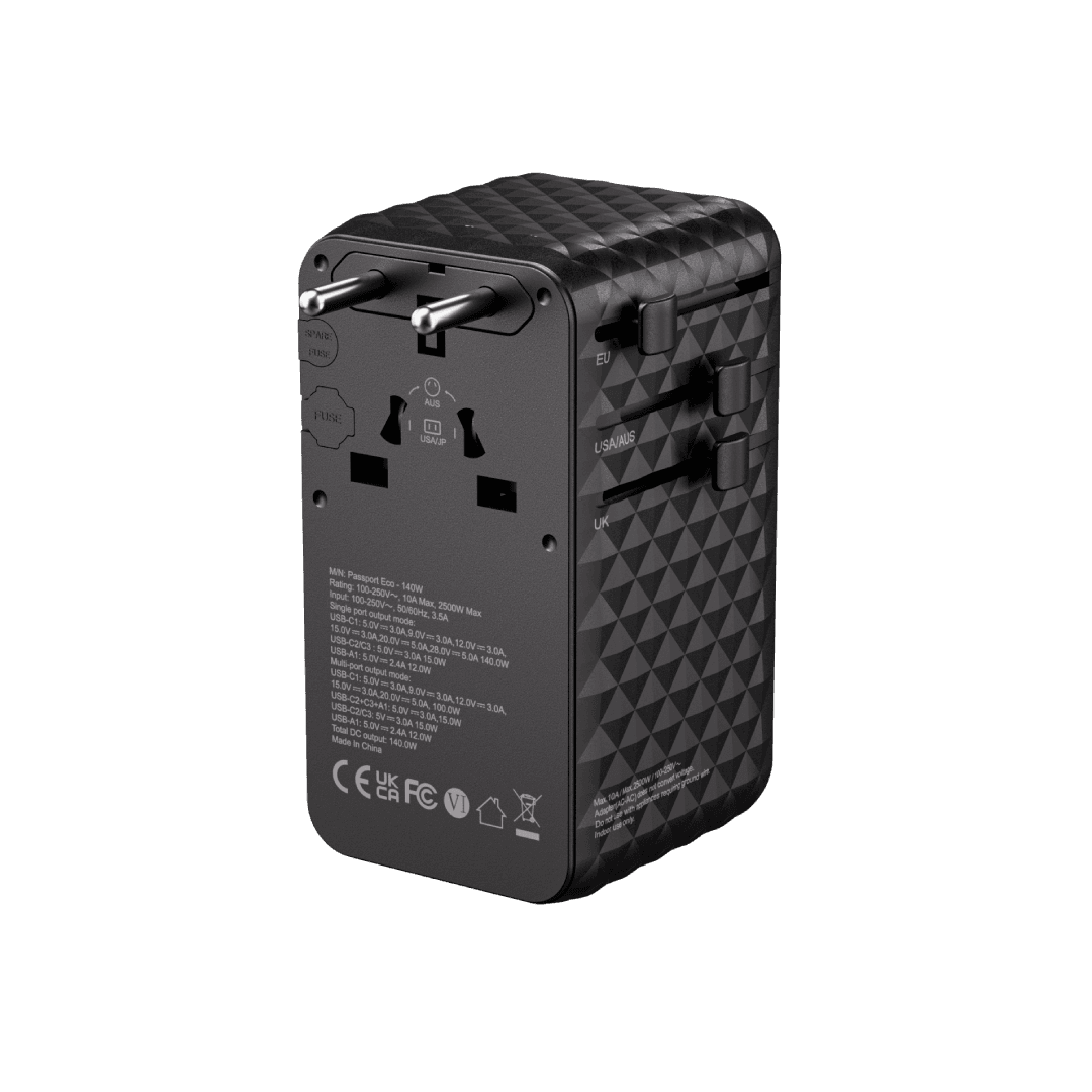 BLUPEBBLE PASSPORT 7 WORLD TRAVEL ADAPTER WITH GAN TECH 140W+2 USB-C+1 USB-A W CABLE BP-TVL007-BK thumbnail 6