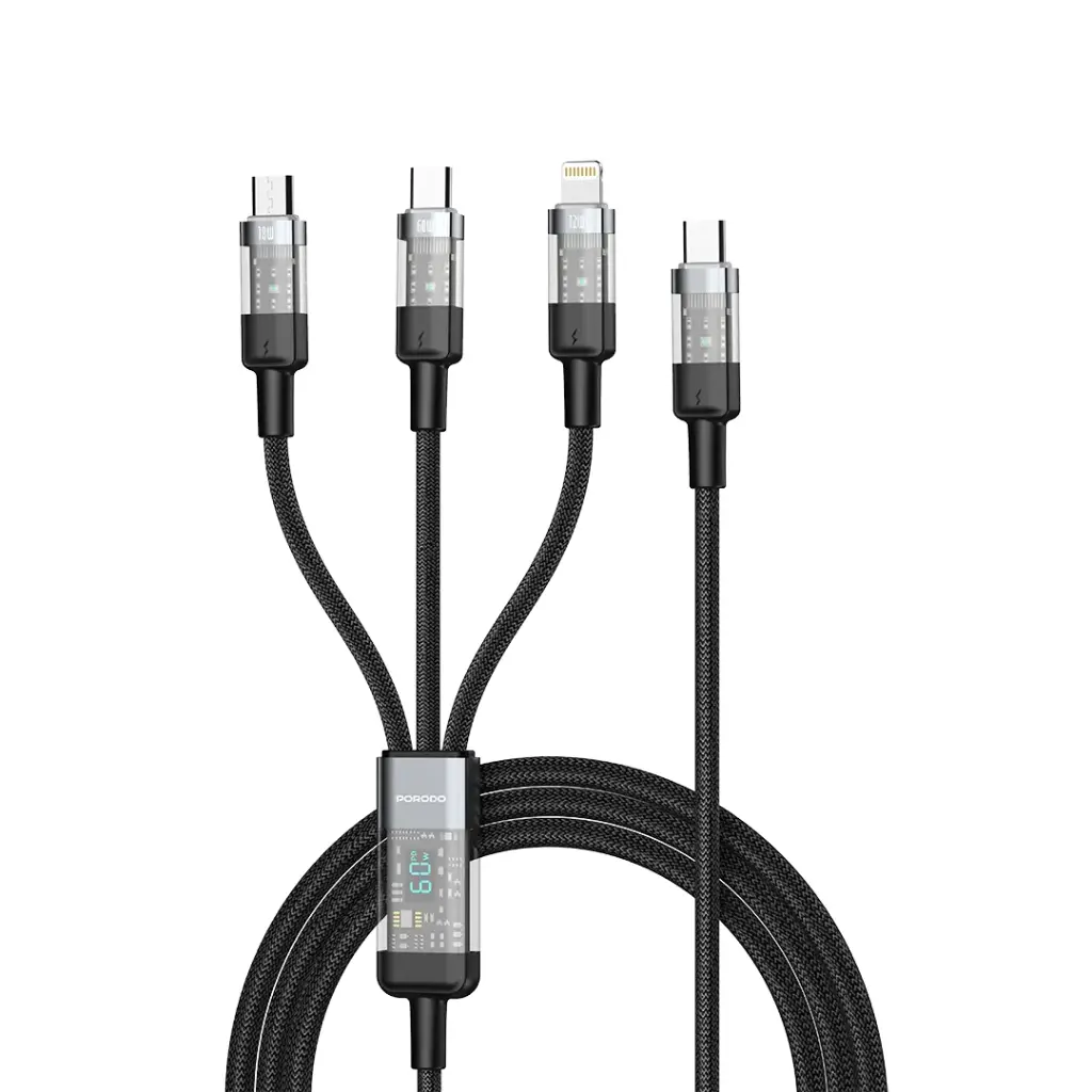 PORODO TRANSPARENT 3 IN 1 TYPE C INPUT FAST CHARGING CABLE 1M BLACK PD-CBL0019-BK