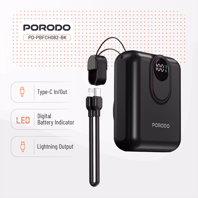 PORODO POWER BANK 10000MAH MAGSAFE DETACHABLE LIGHTNING CABLE PD 22.5W 15W BLACK PD-PBFCH082-BK thumbnail 17