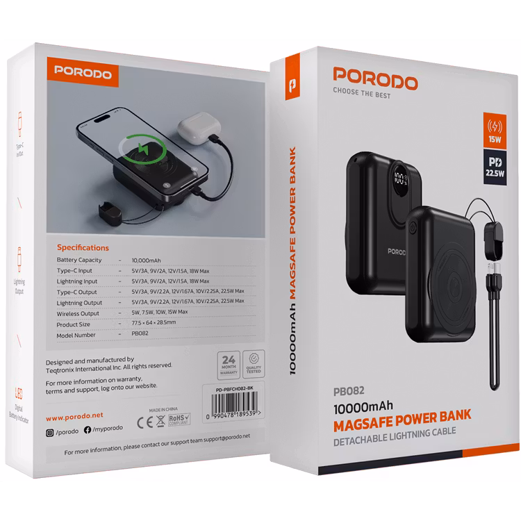 PORODO POWER BANK 10000MAH MAGSAFE DETACHABLE LIGHTNING CABLE PD 22.5W 15W BLACK PD-PBFCH082-BK thumbnail 10