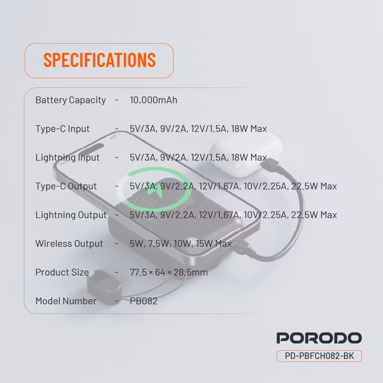 PORODO POWER BANK 10000MAH MAGSAFE DETACHABLE LIGHTNING CABLE PD 22.5W 15W BLACK PD-PBFCH082-BK thumbnail 6