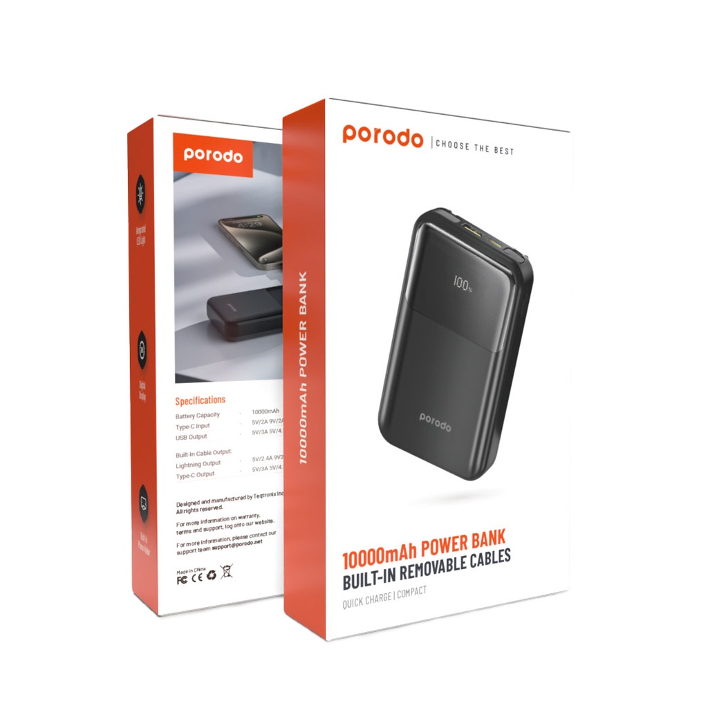 PORODO 10000MAH POWERBANK BUILT IN REMOVABLE CABLE BLACK PD-PBFCH038-BK thumbnail 5