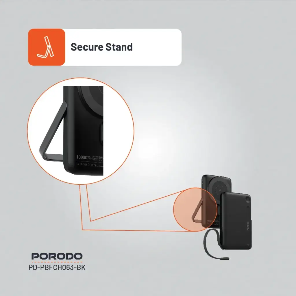 PORODO MAGSAFE 10000MAH POWER BANK INTEGRATED USB C CABLE / STAND PD20W BLACK PDPBFCH065BK thumbnail 10