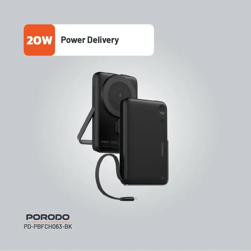 PORODO 10000MAH POWERBANK BUILT IN TYPE C CABLE WITH STAND BLACK PD-PBFCH065-BK thumbnail 4
