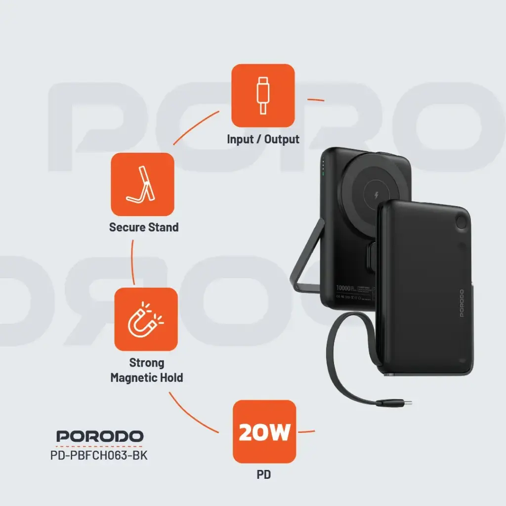 PORODO MAGSAFE 10000MAH POWER BANK INTEGRATED USB C CABLE / STAND PD20W BLACK PDPBFCH065BK thumbnail 8