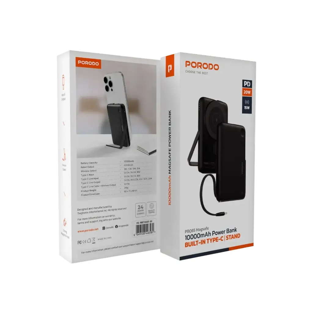 PORODO MAGSAFE 10000MAH POWER BANK INTEGRATED USB C CABLE / STAND PD20W BLACK PDPBFCH065BK thumbnail 7