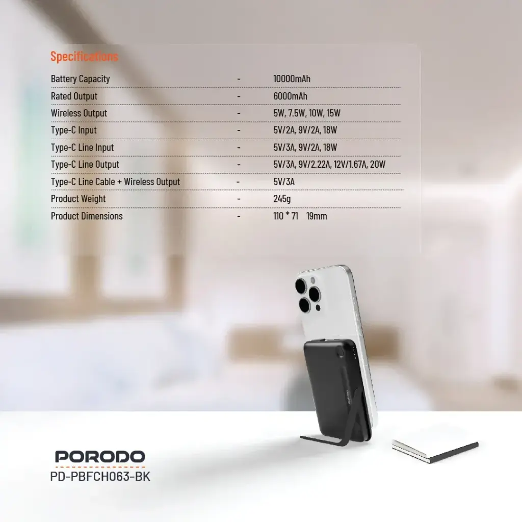 PORODO 10000MAH POWERBANK BUILT IN TYPE C CABLE WITH STAND BLACK PD-PBFCH065-BK thumbnail 6