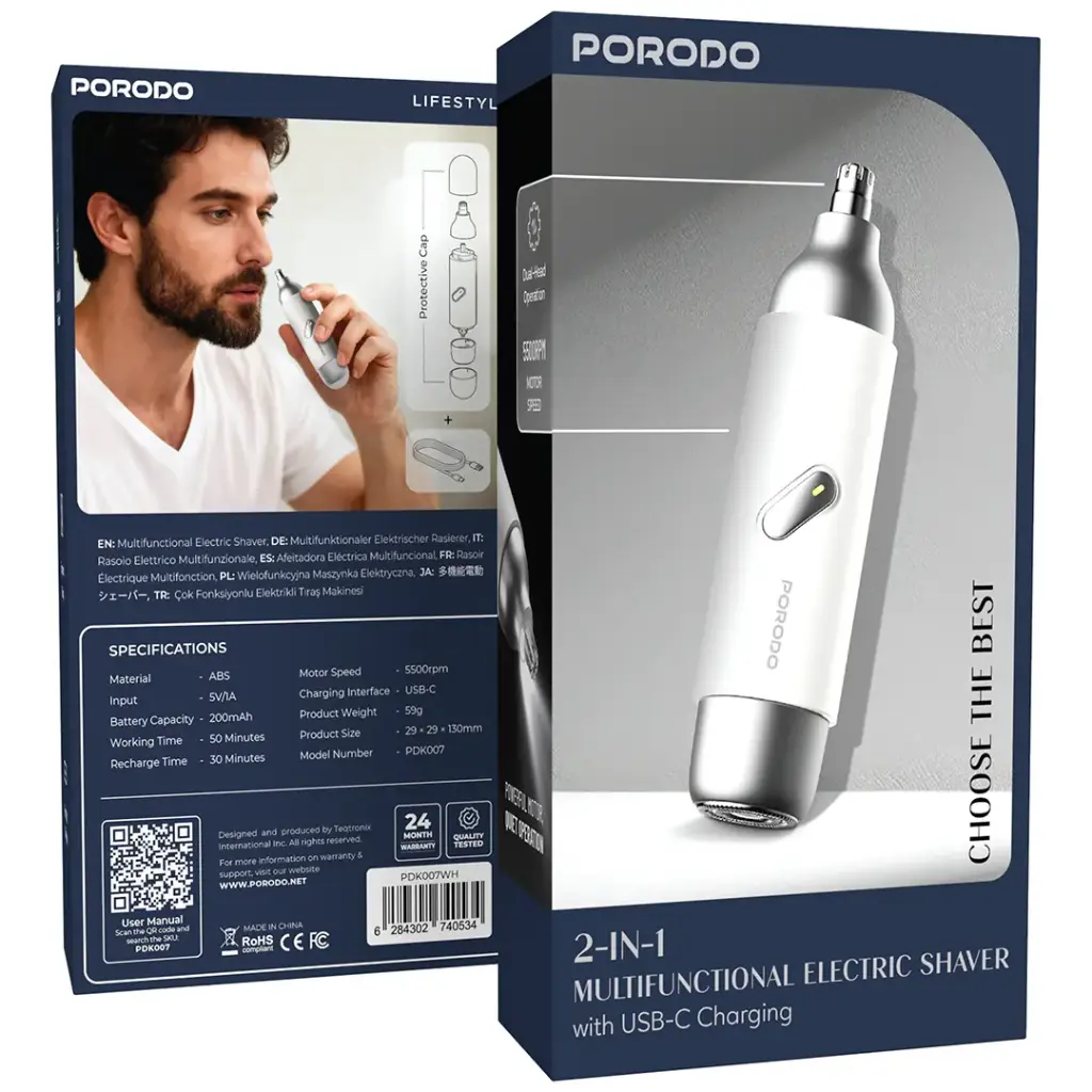 PORODO 2 IN 1 MULTIFUNCTIONAL ELECTRIC SHAVER WITH USB C CHARGING WHITE PDK007WH thumbnail 5