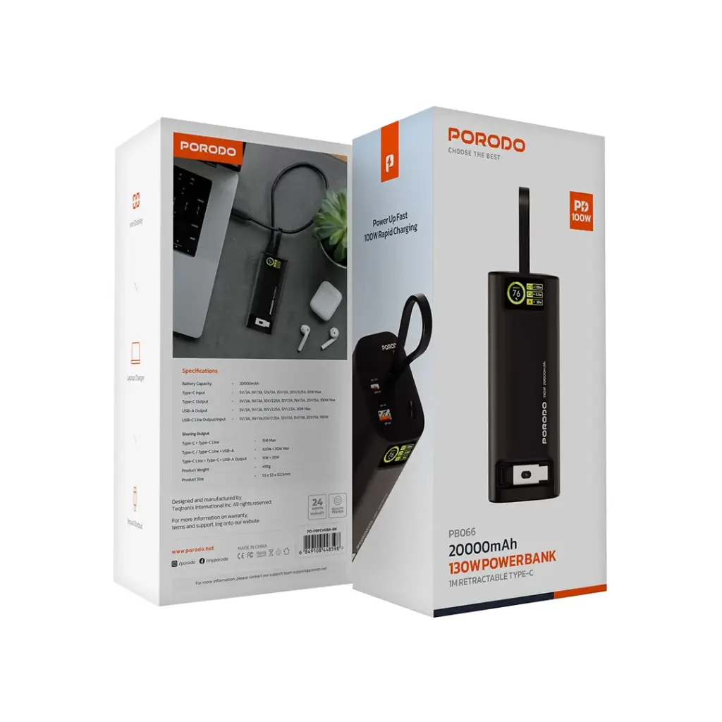 PORODO 20000MAH 130W POWERBANK WITH 1M RETRACTABLE TYPE C CABLE BLACK PD-PBFCH066-BK thumbnail 5