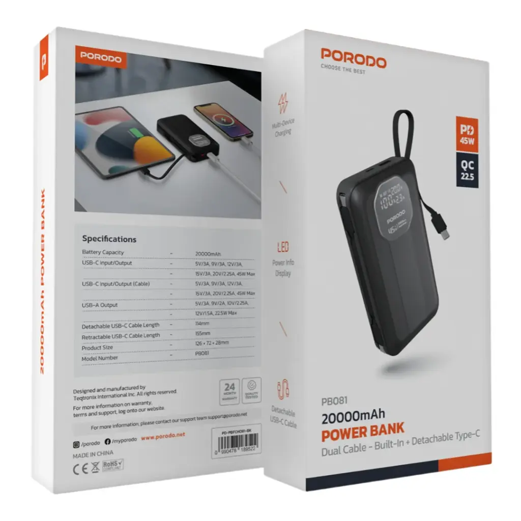 PORODO POWER BANK 20000MAH DUAL CABLE IN BUILT DETACHABLE TYPE C BLACK PD-PBFCH081-BK thumbnail 3