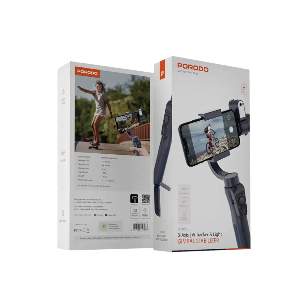 PORODO 3 AXIS AI TRACKER AND LIGHT GIMBLE STABILIZER BLACK LFS035 PD-LFS035-BK thumbnail 5
