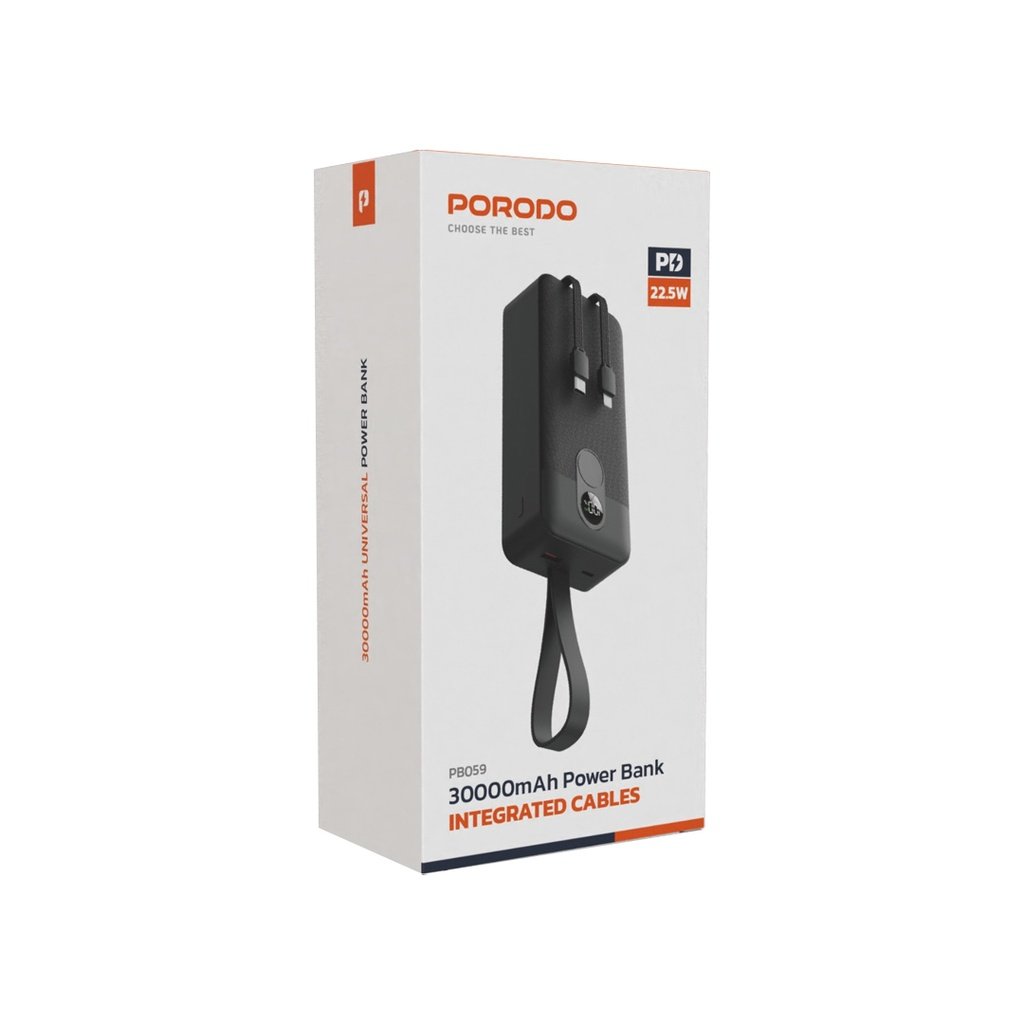 Porodo 30000mAh Power Bank with Integrated Cables - Black, Compact & Powerful thumbnail 3
