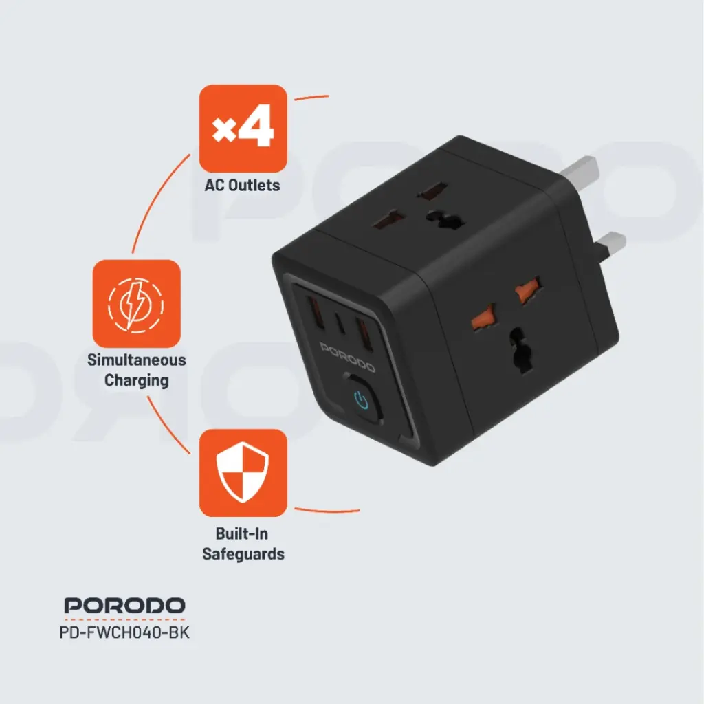 PORODO 4 AC UNIVERSAL POWER BLOCK BLACK PD-FWCH040-BK thumbnail 8