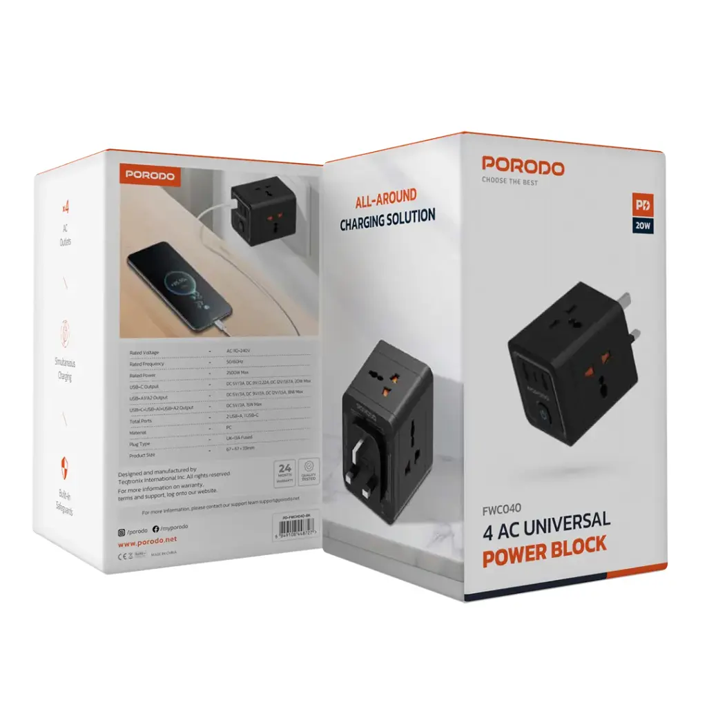 PORODO 4 AC UNIVERSAL POWER BLOCK BLACK PD-FWCH040-BK thumbnail 7