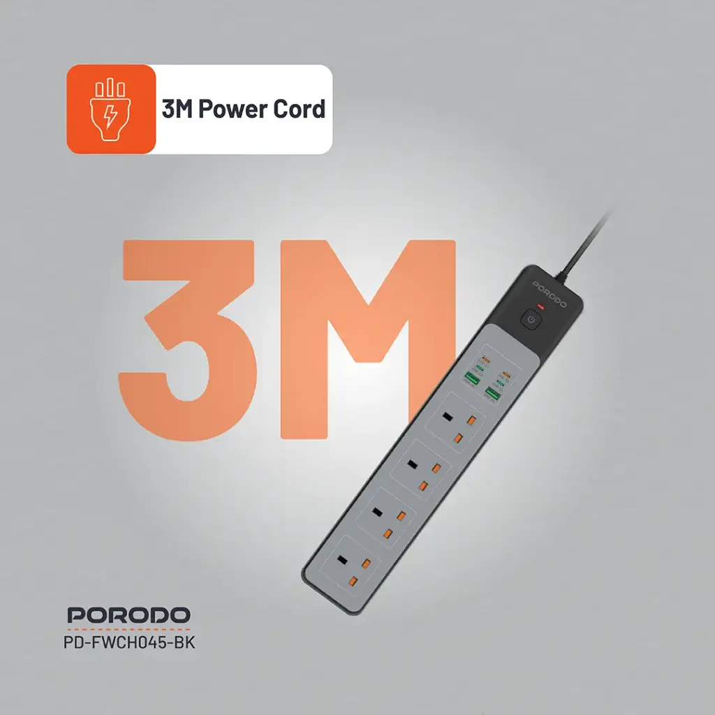 PORODO PD35W 4AC 65W 3000W POWER STRIP BLACK PD-FWCH045-BK thumbnail 9