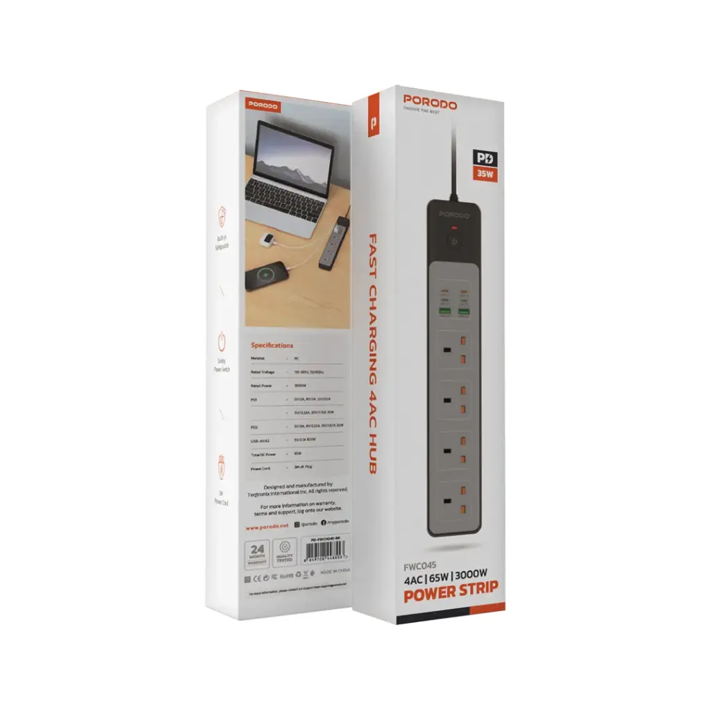 PORODO PD35W 4AC 65W 3000W POWER STRIP BLACK PD-FWCH045-BK thumbnail 7