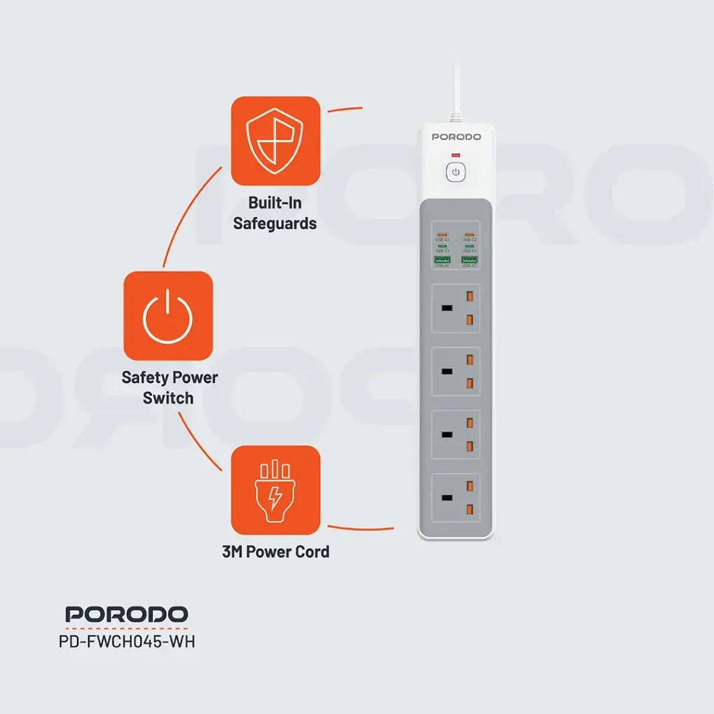 PORODO PD35W 4AC 65W 3000W POWER STRIP WHITE PD-FWCH045-WH thumbnail 9