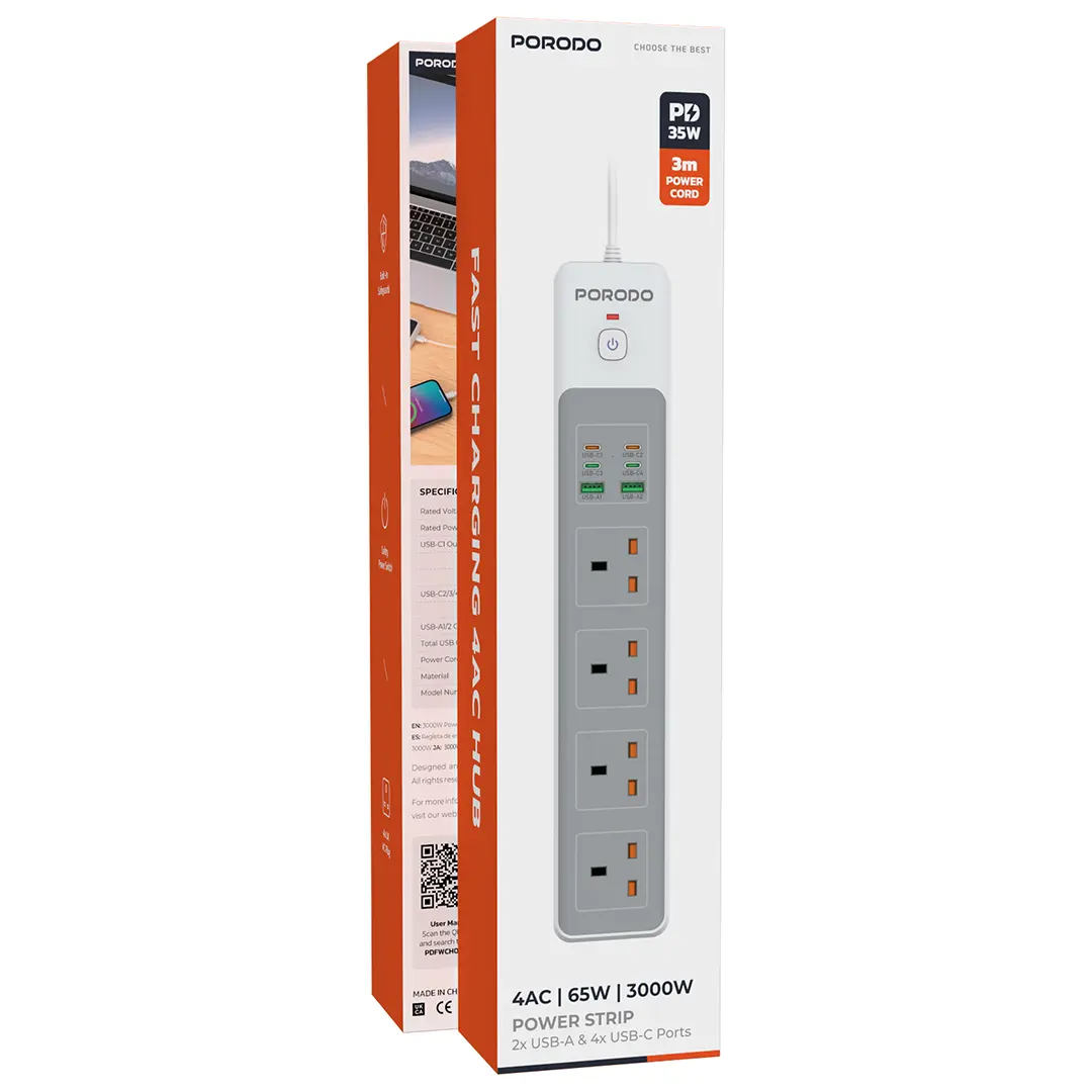 PORODO PD35W 4AC 65W 3000W POWER STRIP WHITE PD-FWCH045-WH thumbnail 6