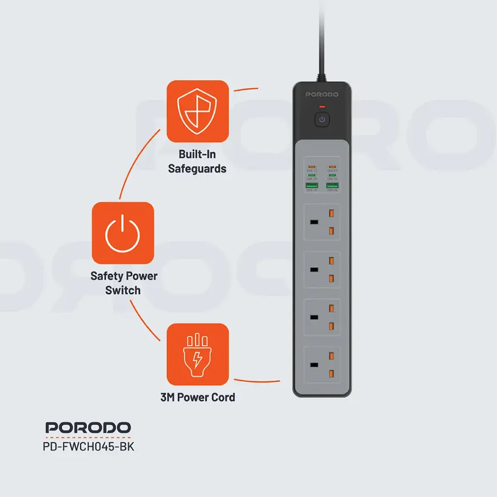 PORODO PD35W 4AC 65W 3000W POWER STRIP BLACK PD-FWCH045-BK thumbnail 11
