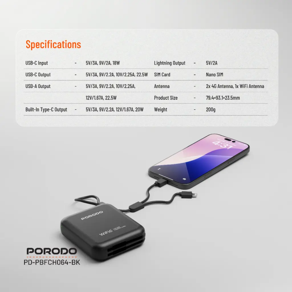 PORODO 4G LTE WIFI 6 POCKET ROUTER PD22.5W BLACK PD-PBFCH064-BK thumbnail 8