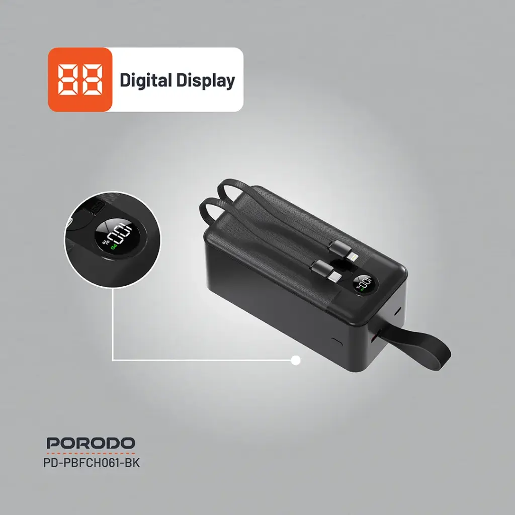 Porodo 50000mAh Power Bank with Integrated Cables - Black, Ultra-High Capacity thumbnail 8
