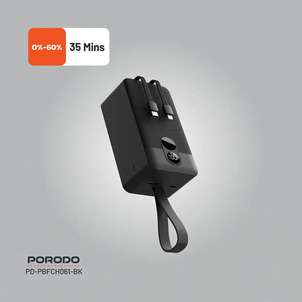 Porodo 50000mAh Power Bank with Integrated Cables - Black, Ultra-High Capacity thumbnail 7
