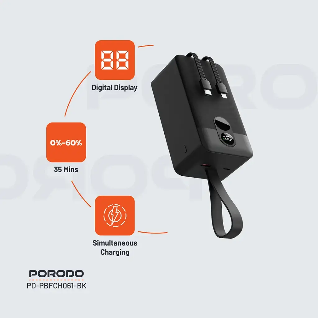 Porodo 50000mAh Power Bank with Integrated Cables - Black, Ultra-High Capacity thumbnail 9