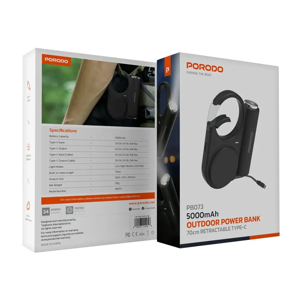 PORODO 5000MAH OUTDOOR POWERBANK WITH 70CM RETRACTABLE TYPE C CABLE BLACK PD-PBFCH073-BK thumbnail 3