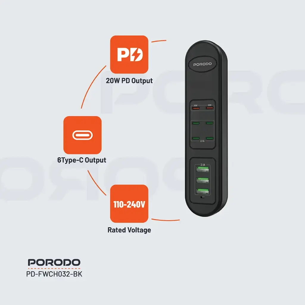 PORODO 50W MULTI PORT USB CHARGING HUB BLACK PD-FWCH032-BK thumbnail 12