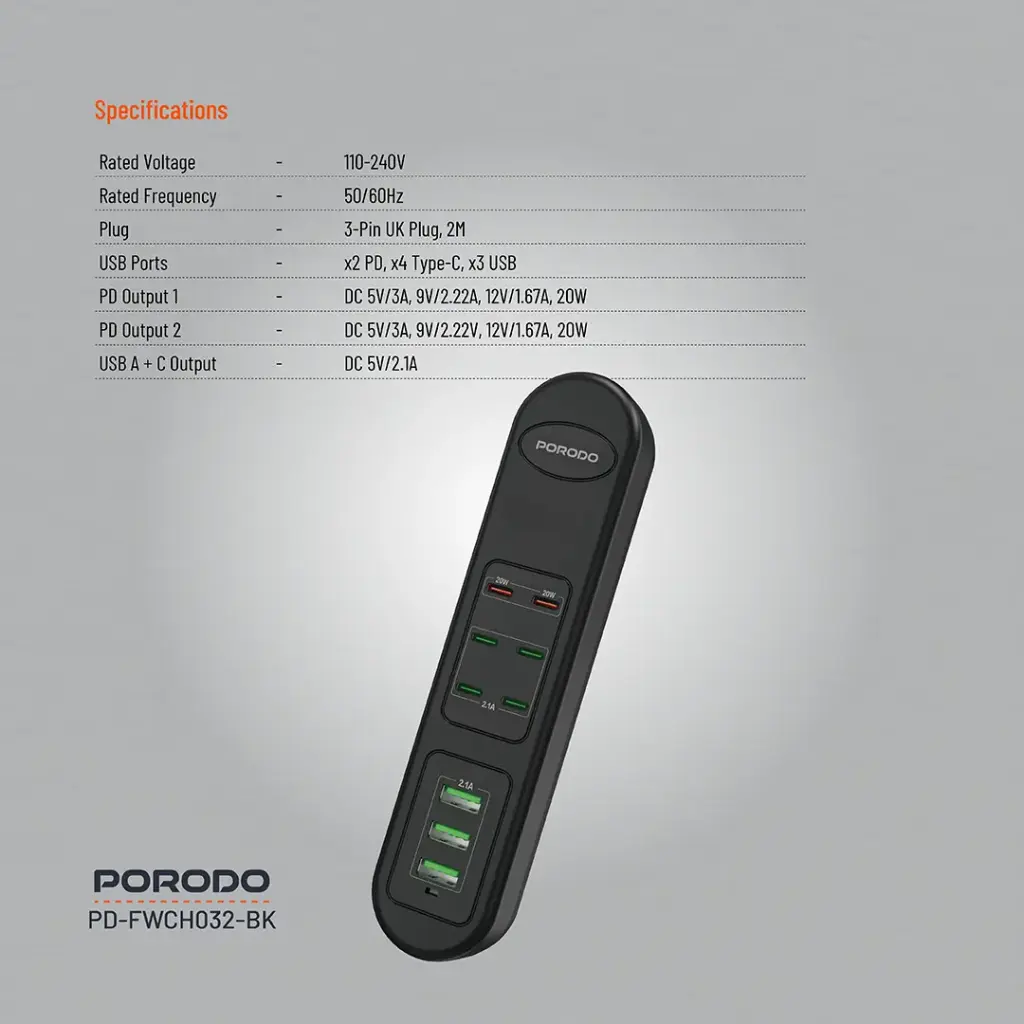 PORODO 50W MULTI PORT USB CHARGING HUB BLACK PD-FWCH032-BK thumbnail 11