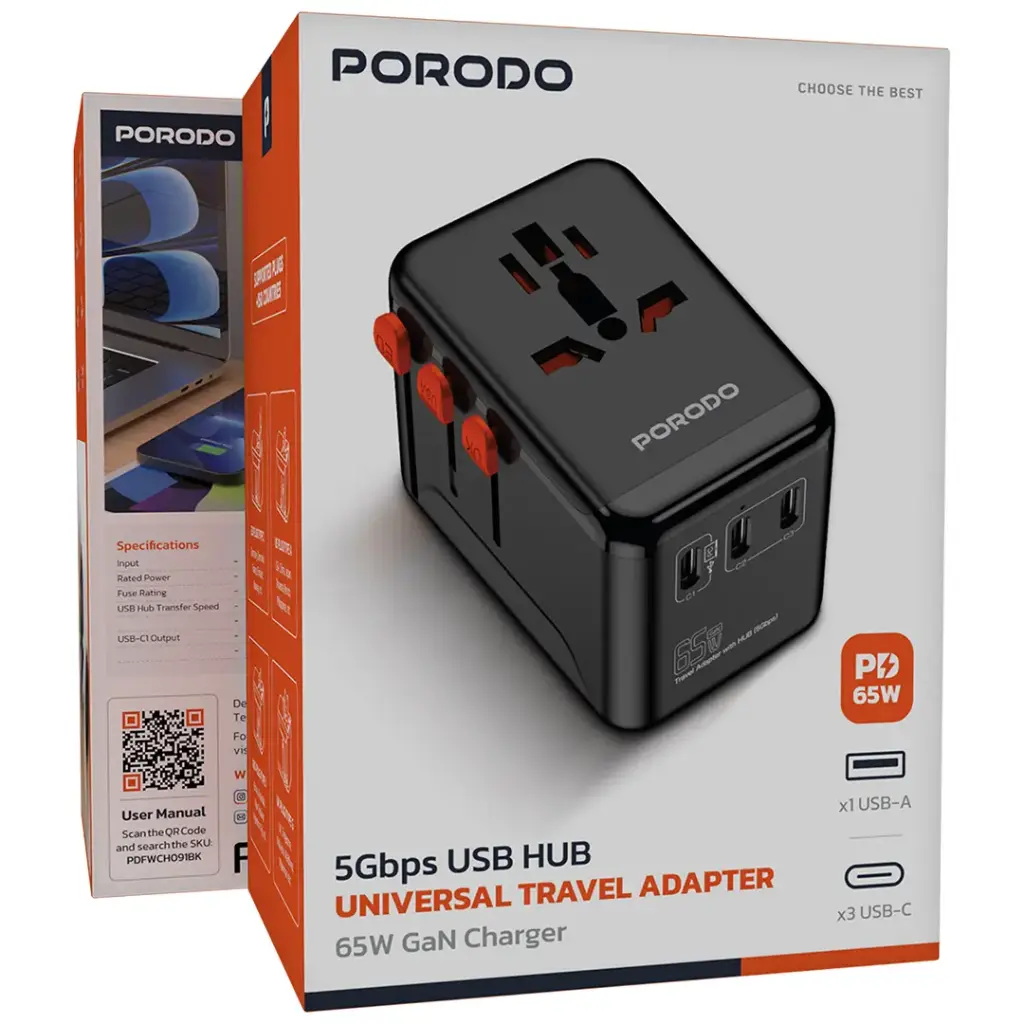 PORODO 5GBPS USB HUB UNIVERSAL TRAVEL ADAPTER 65W GAN CHARGER BLACK PDFWCH091BK thumbnail 5