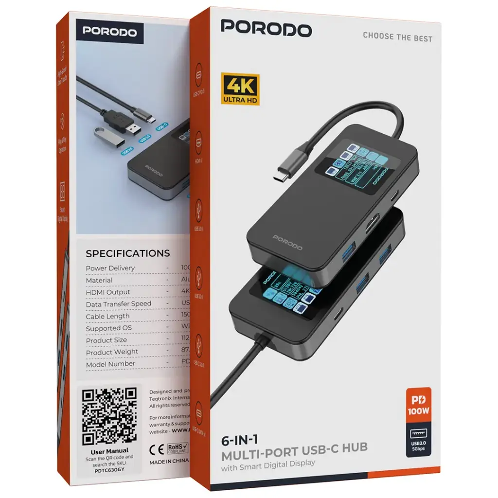 PORODO 6 IN 1 MULTI PORT USB C HUB GRAY PDTC630GY thumbnail 15