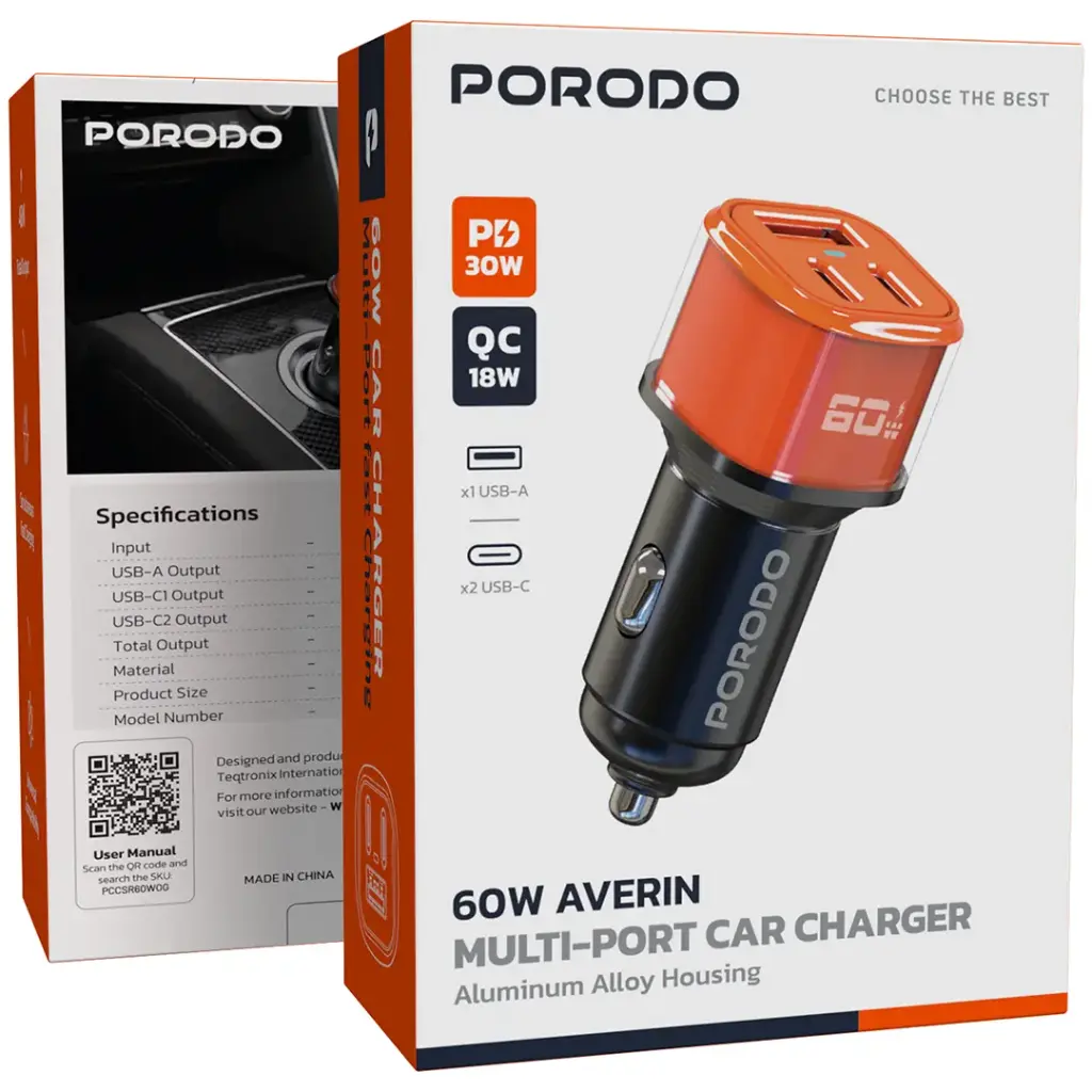 PORODO 60W AVERIN MULTI PORT CAR CHARGER ORANGE PDCCR60WOG thumbnail 4