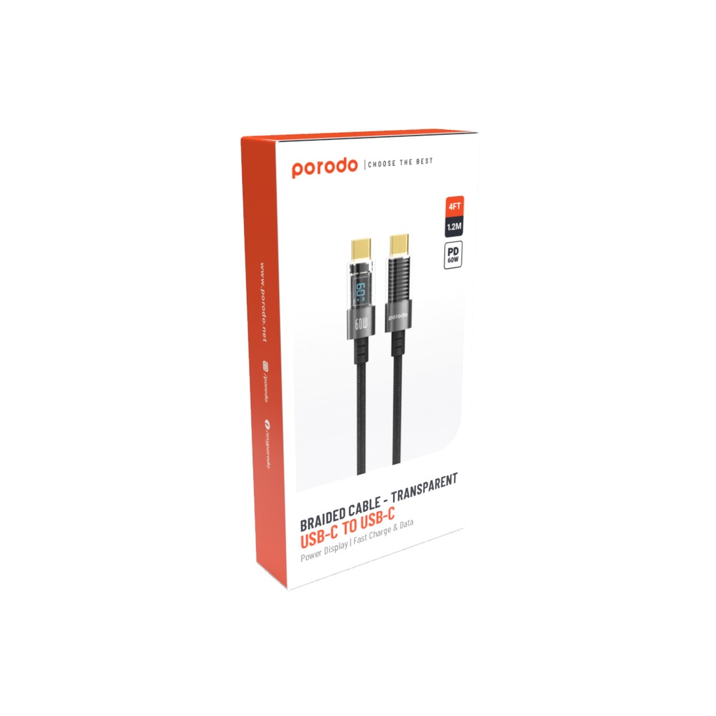 PORODO USB C TO USB C BRAIDED CABLE TRANSPARENT 1.2M BLACK PD-60CCD-BK thumbnail 2