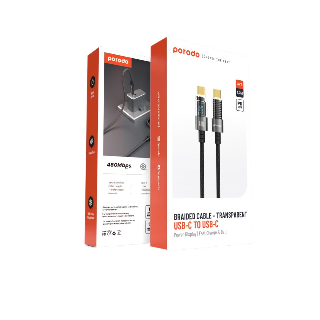 PORODO USB C TO USB C BRAIDED CABLE TRANSPARENT 1.2M BLACK PD-60CCD-BK thumbnail 3
